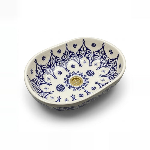 Blue Palmette White Moroccan ceramic vessel sink - white basin with delicate blue palmette motifs and brass drain