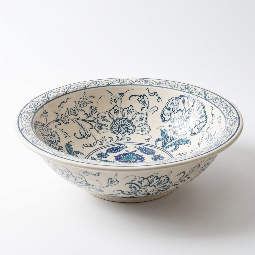 Blue Peony Moroccan ceramic sink - detail of hand-painted pattern