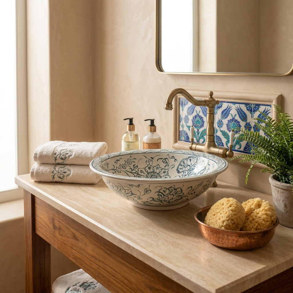 Blue Peony Moroccan ceramic vessel sink styled on a bathroom counter in a Moroccan-inspired setting