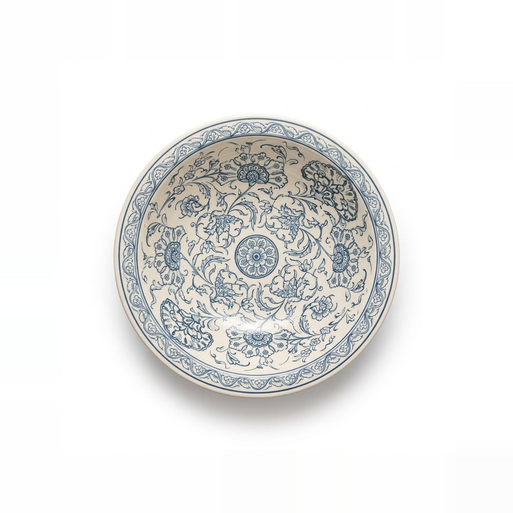 Blue Peony Moroccan ceramic vessel sink - fine indigo peony blossoms and vines on cream