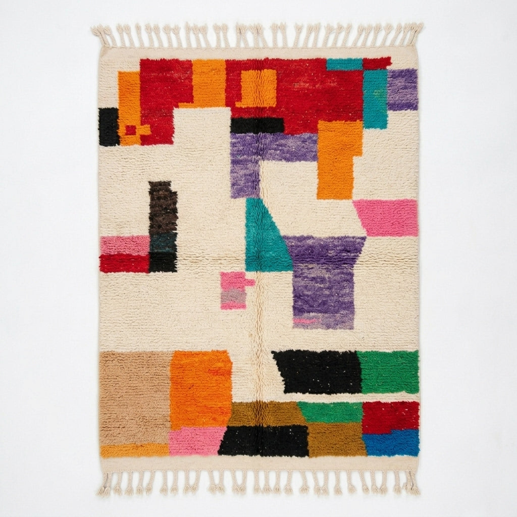 Bold Blocks Azilal rug, handwoven wool with bold orange, purple, pink, green and black blocks, flat lay top view
