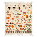 Bordered Blossom Azilal rug, handwoven wool with pink, green, orange and black motifs with a diamond border, flat lay top view
