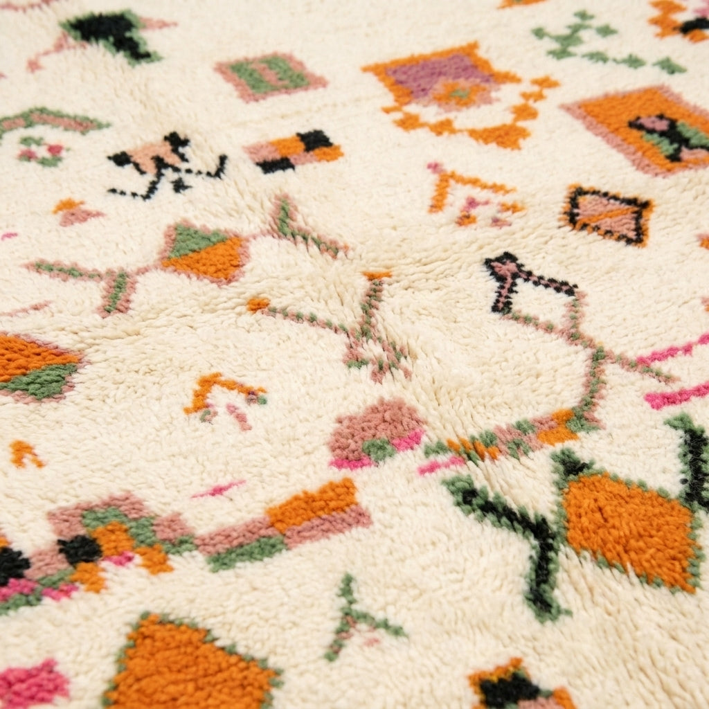 Bordered Blossom Azilal rug — wool pile texture close-up