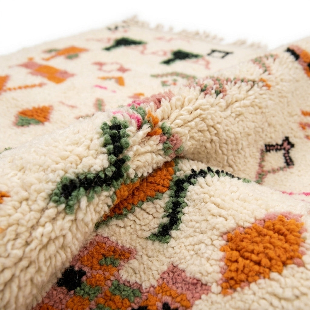 Bordered Blossom Azilal rug — wool pile texture close-up