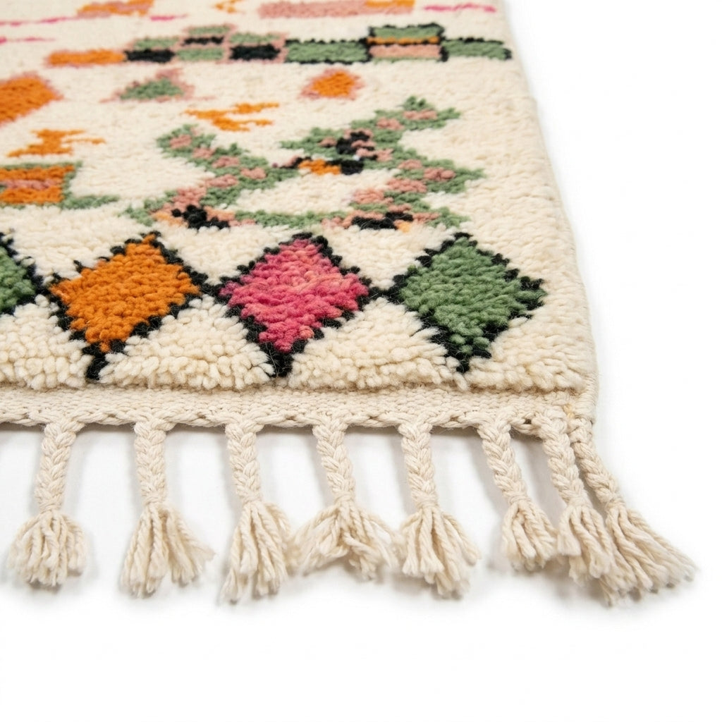 Bordered Blossom Azilal rug — hand-knotted fringe detail close-up