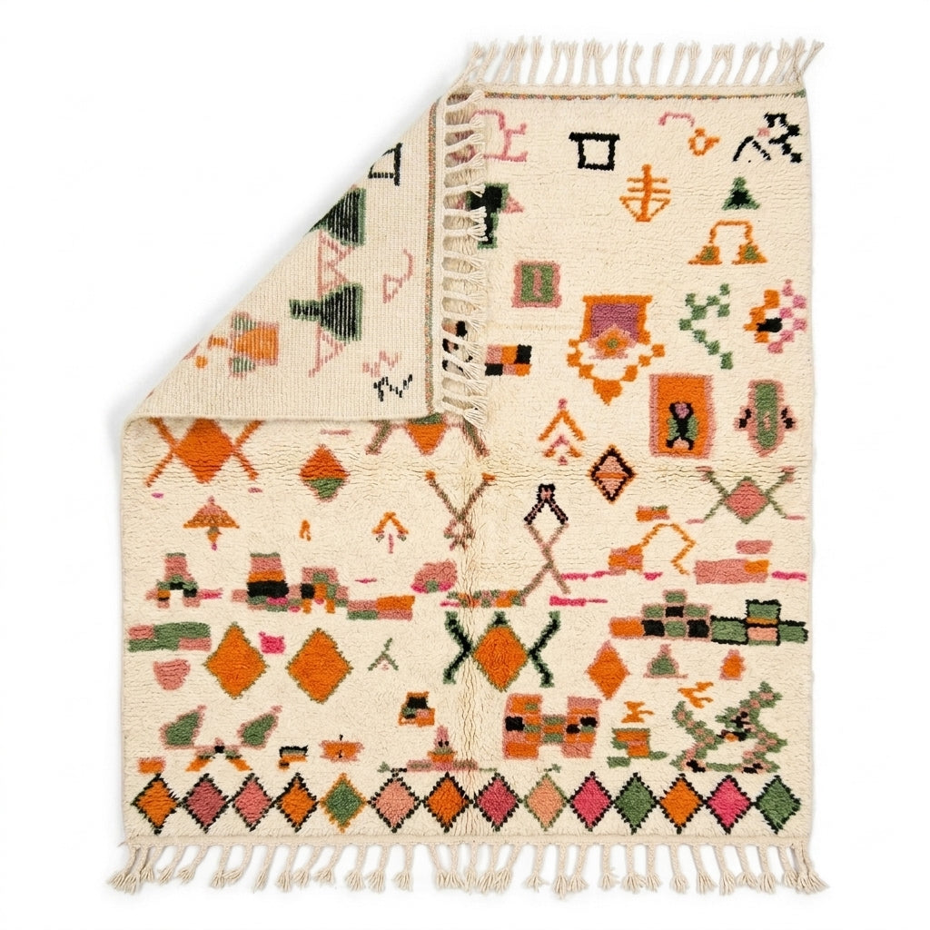 Bordered Blossom Azilal rug — folded corner showing plush pile depth