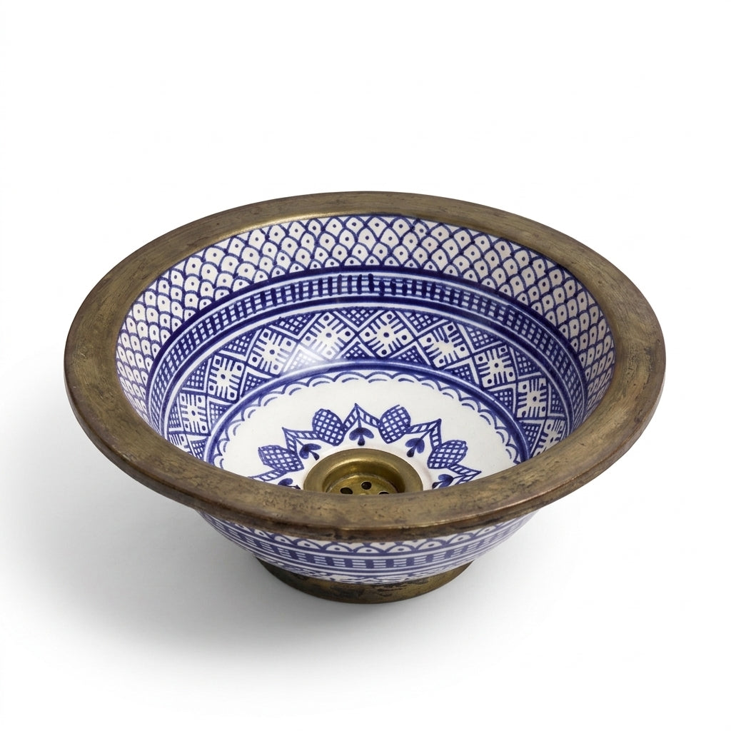 Brass Rim Fessi Moroccan ceramic sink - angled view of brass rim and Fessi basin
