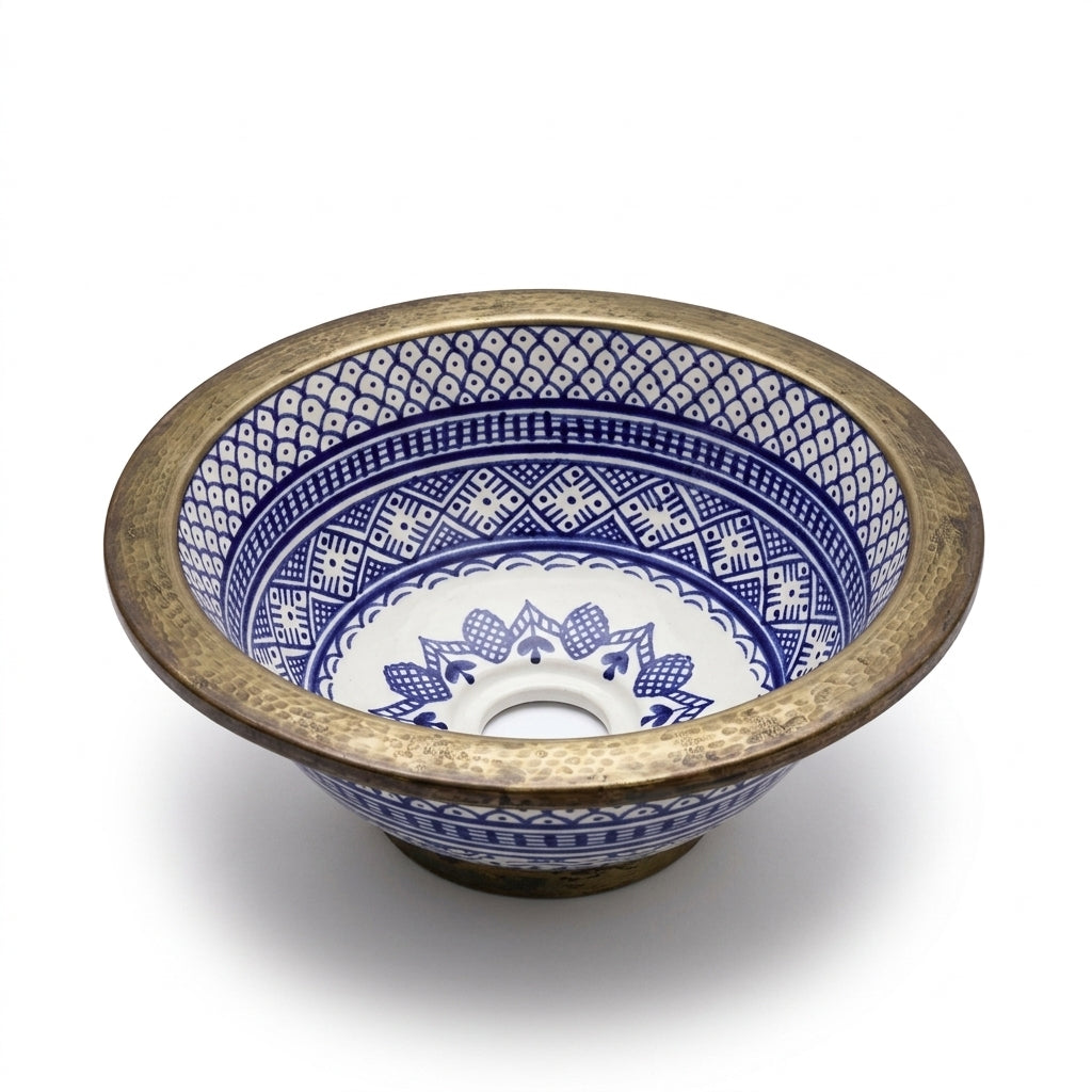 Brass Rim Fessi Moroccan ceramic sink - side view showing brass foot