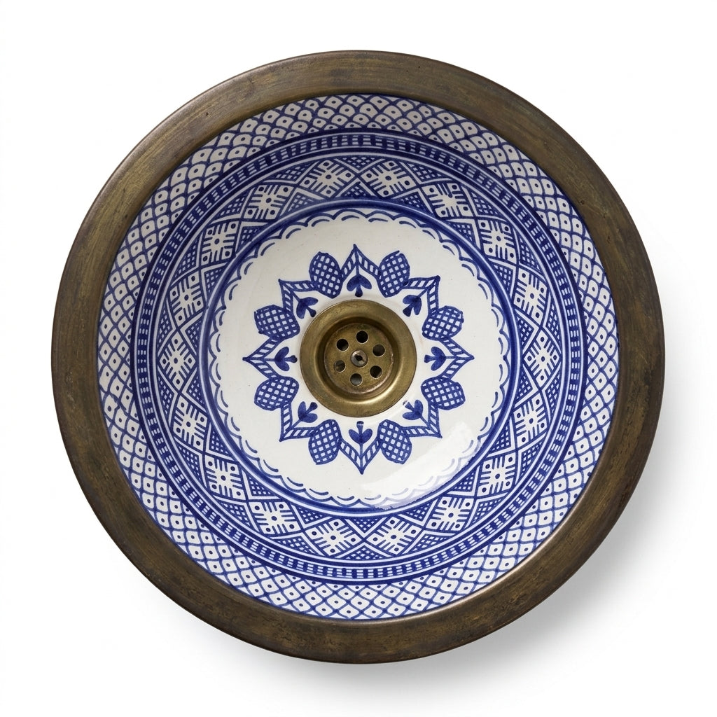 Brass Rim Fessi Moroccan ceramic sink - top view of lotus collar around drain