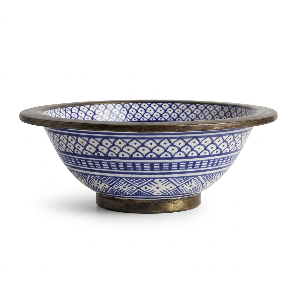 Brass Rim Fessi Moroccan ceramic sink - detail of blue and white painting