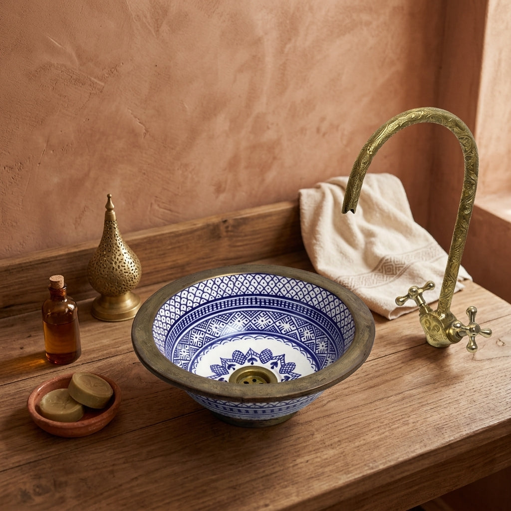 Brass Rim Fessi Moroccan ceramic vessel sink styled on a bathroom counter in a Moroccan-inspired setting