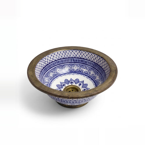 Brass Rim Fessi Moroccan ceramic vessel sink - blue and white Fessi pattern with wide aged-brass rim