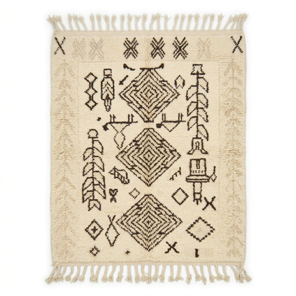 Tribal tales Azilal rug — cream wool with dark brown Berber diamonds and symbols, flat lay