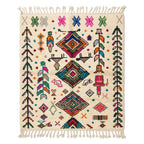 Carnival Azilal rug, handwoven wool with dense pink, green, blue and orange motifs, flat lay top view