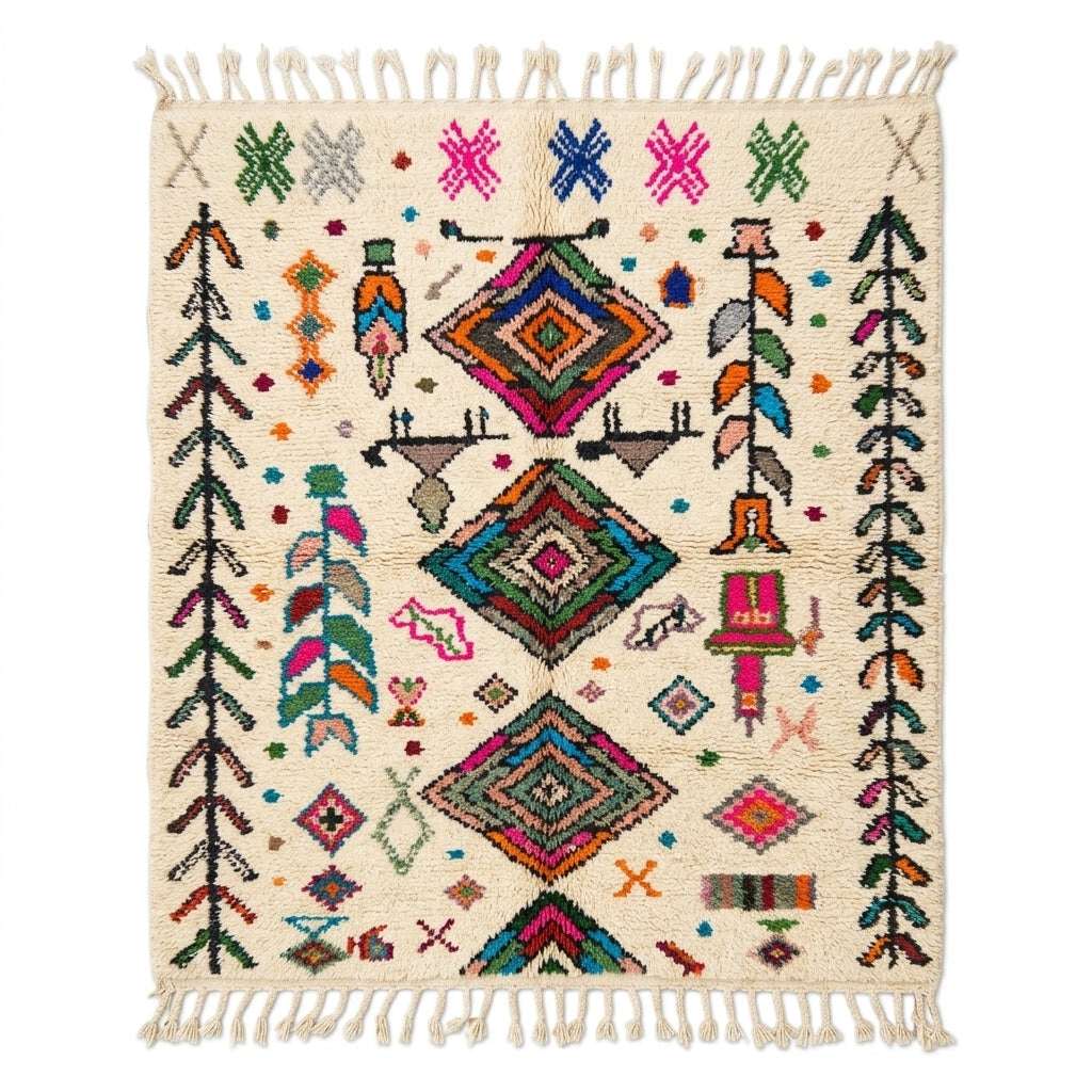 Carnival Azilal rug, handwoven wool with dense pink, green, blue and orange motifs, flat lay top view