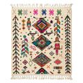 Carnival Azilal rug, handwoven wool with dense pink, green, blue and orange motifs, flat lay top view