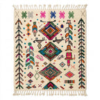 Carnival Azilal rug, handwoven wool with dense pink, green, blue and orange motifs, flat lay top view