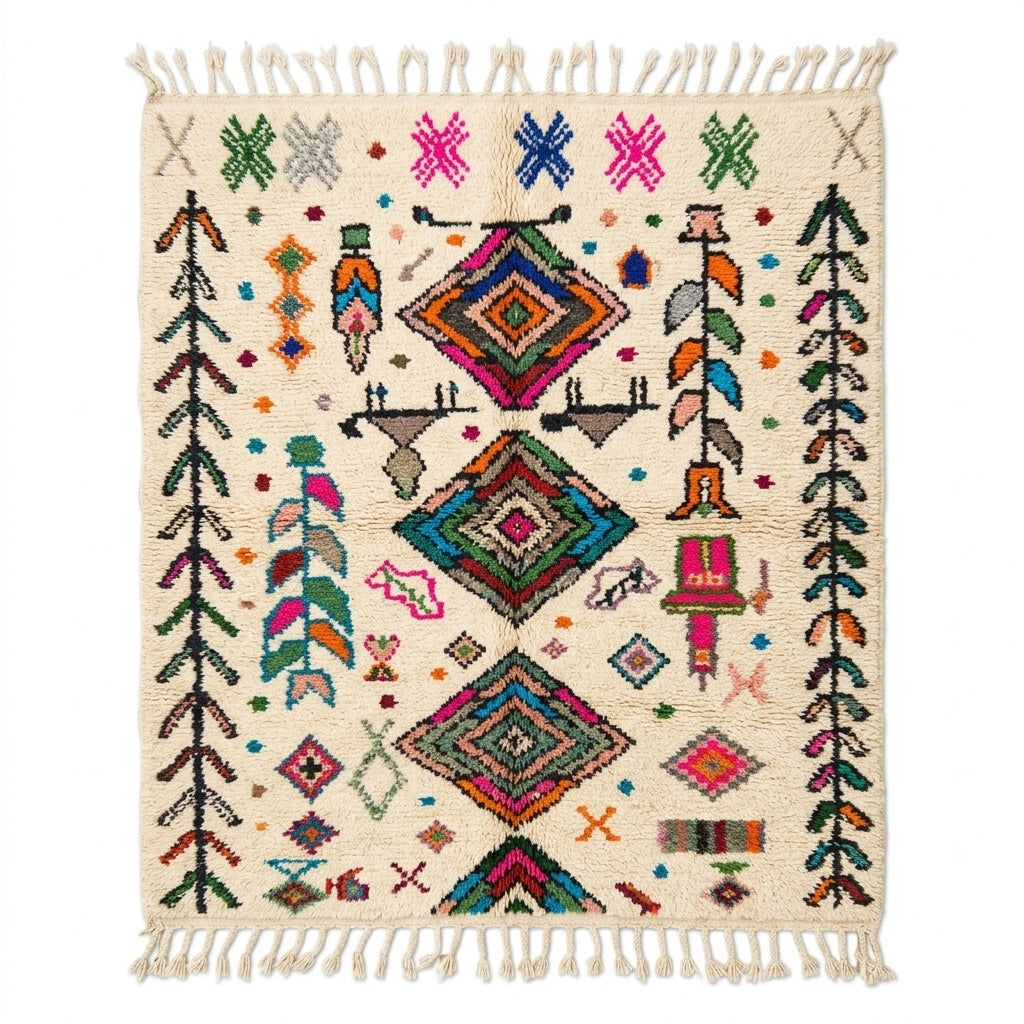 Carnival Azilal rug, handwoven wool with dense pink, green, blue and orange motifs, flat lay top view
