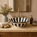 Casablanca Stripes Moroccan ceramic vessel sink styled on a bathroom counter in a Moroccan-inspired setting