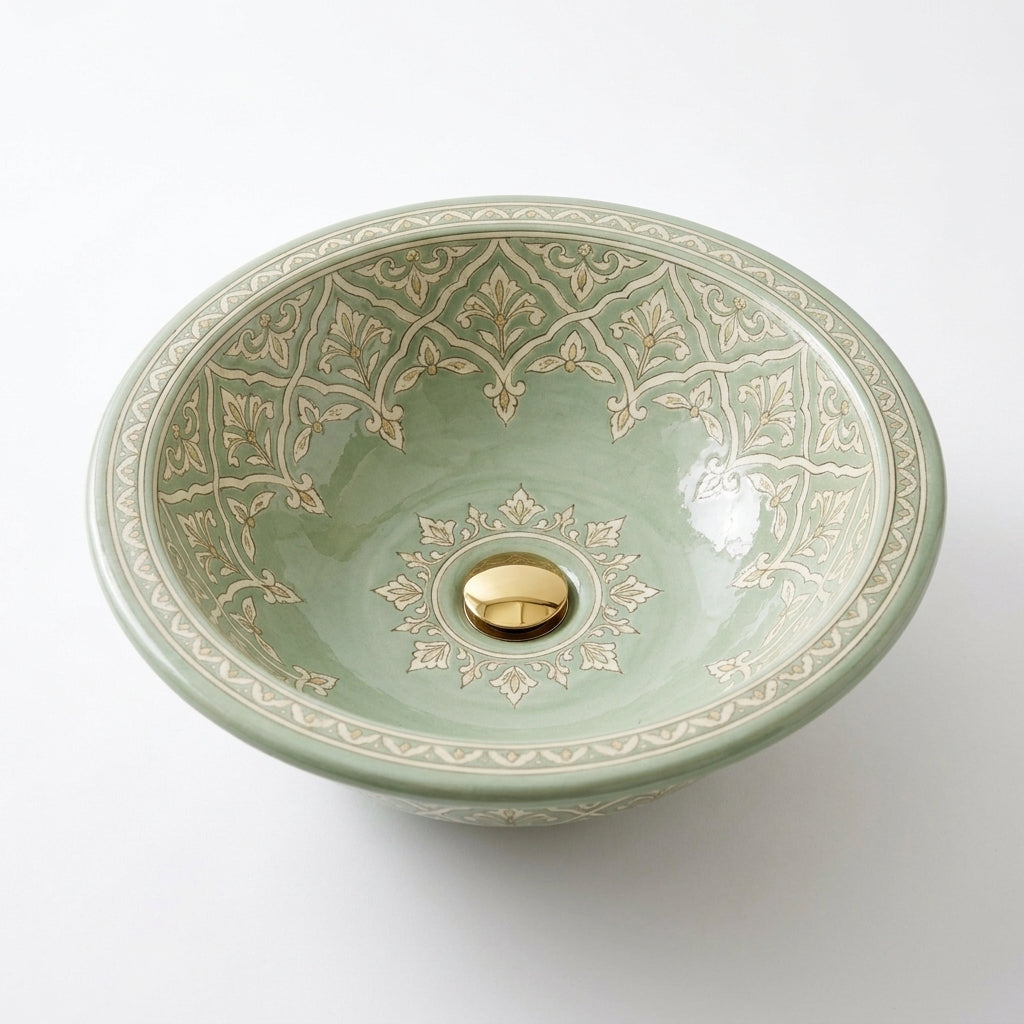 Celadon Trellis Moroccan ceramic sink - studio view of green damask basin