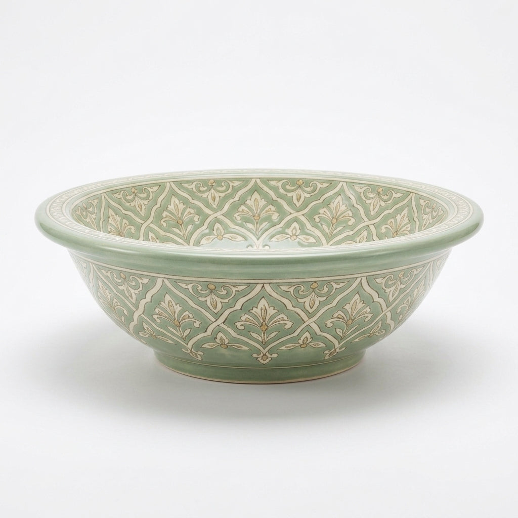 Celadon Trellis Moroccan ceramic sink - side profile view