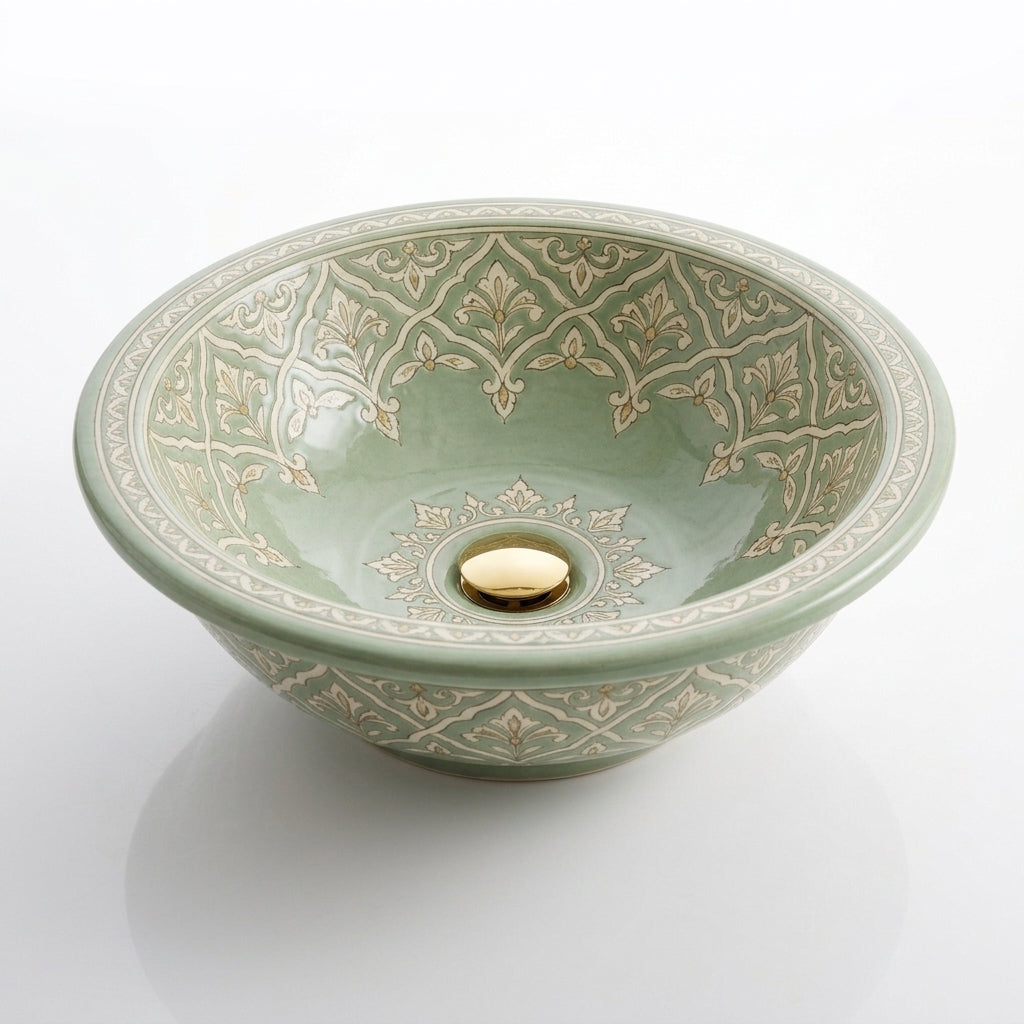 Celadon Trellis Moroccan ceramic sink - three-quarter view