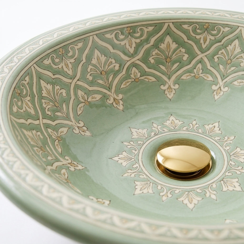 Celadon Trellis Moroccan ceramic sink - close-up of cream trellis pattern