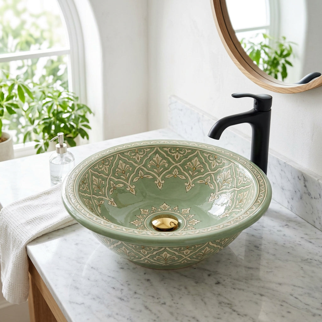 Celadon Trellis Moroccan ceramic vessel sink on a marble counter