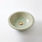 Celadon Trellis Moroccan ceramic vessel sink - celadon sage green with cream trellis damask and gold drain