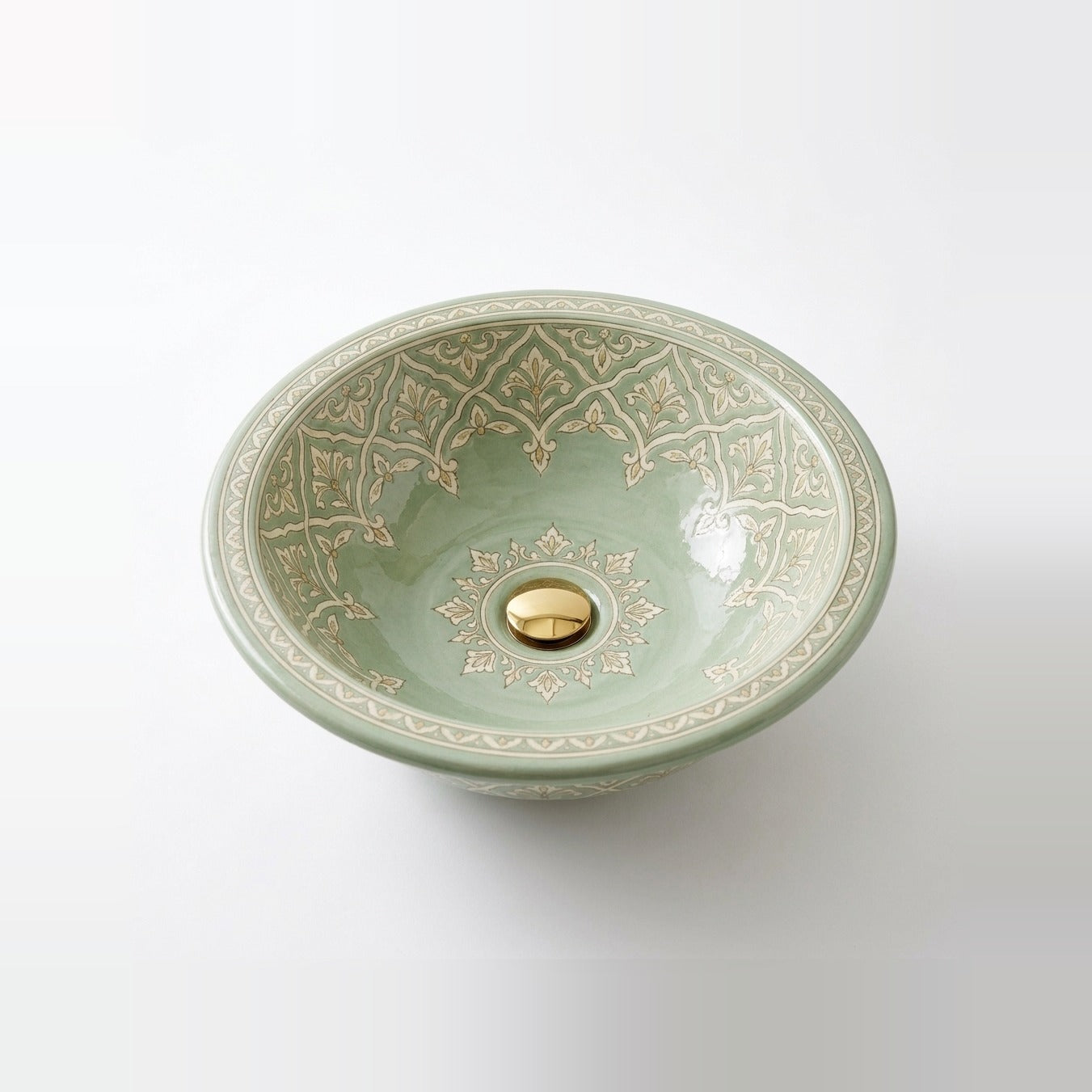 Celadon Trellis Moroccan ceramic vessel sink - celadon sage green with cream trellis damask and gold drain
