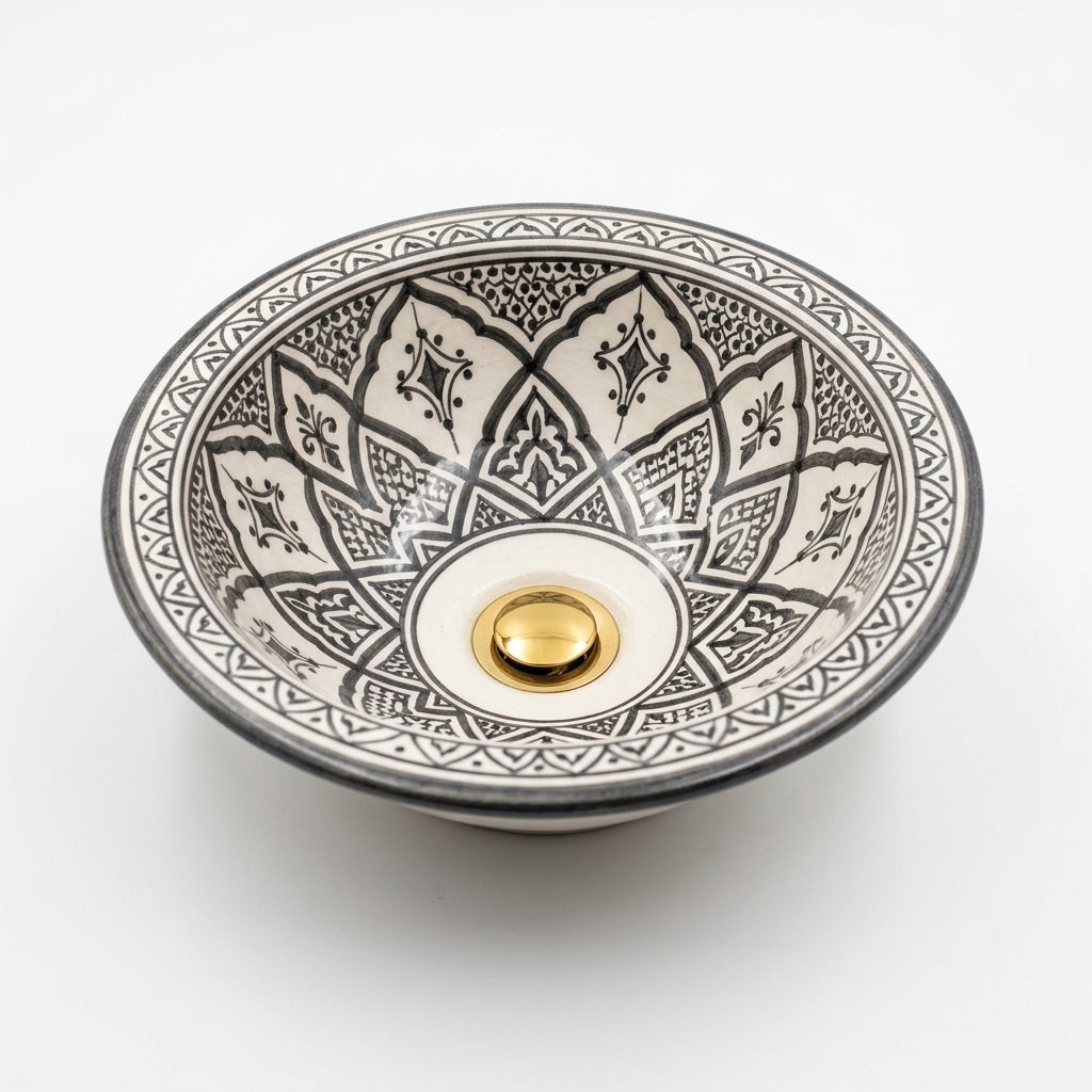 Charcoal Lotus Moroccan ceramic sink - angled view of lotus petals