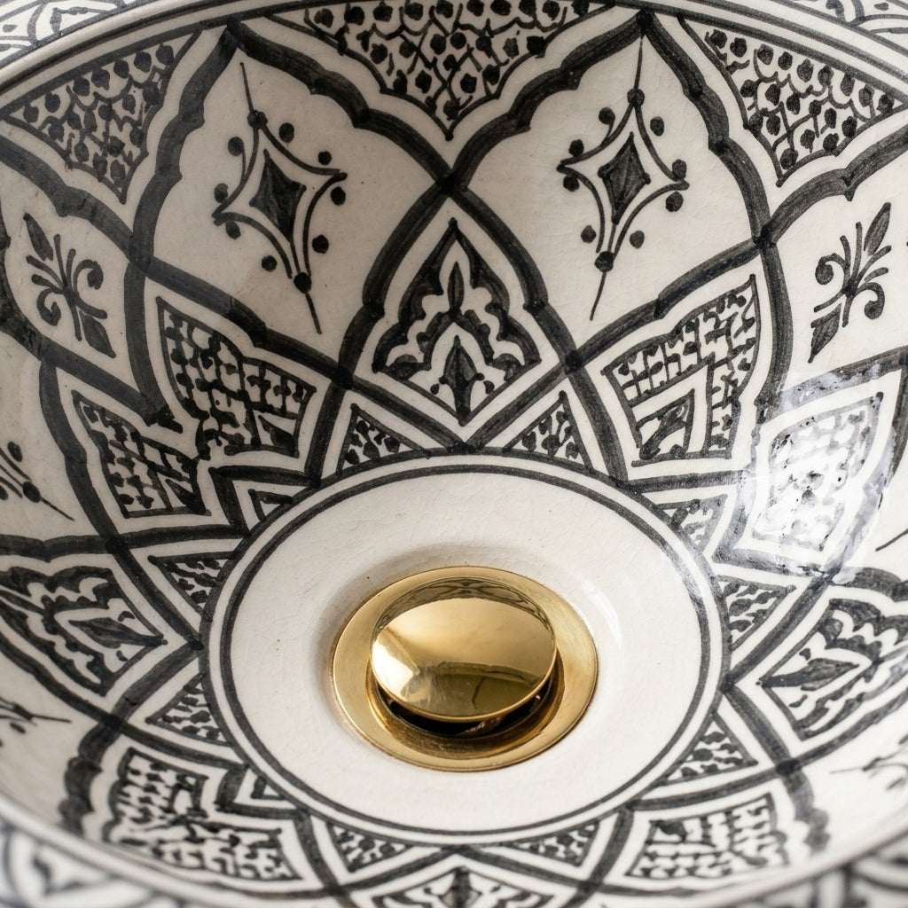 Charcoal Lotus Moroccan ceramic sink - detail of crosshatch petals