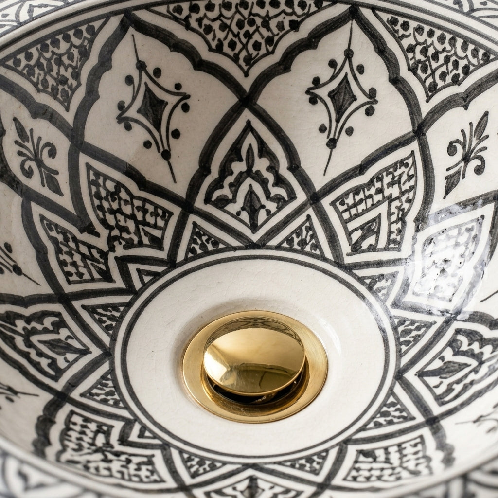 Charcoal Lotus Moroccan ceramic sink - detail of crosshatch petals