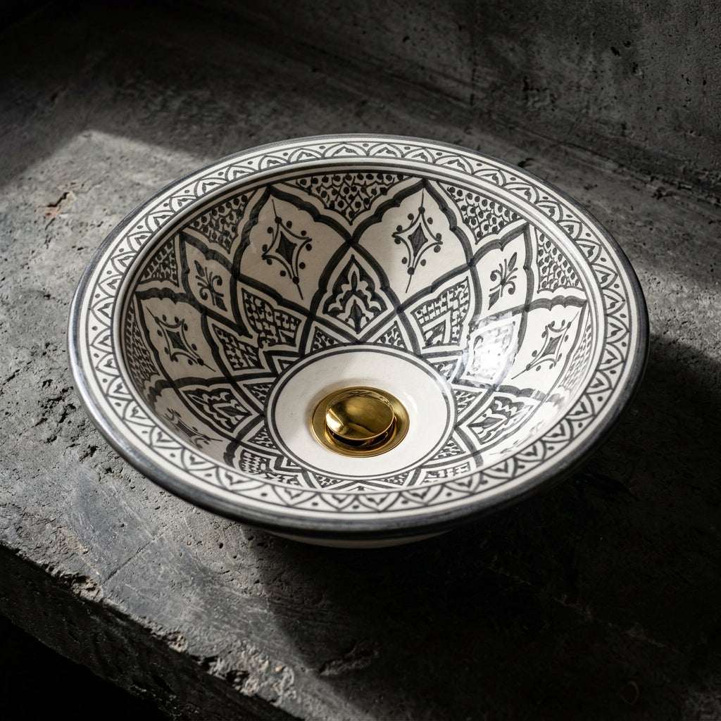 Charcoal Lotus Moroccan ceramic sink - geometric pattern view