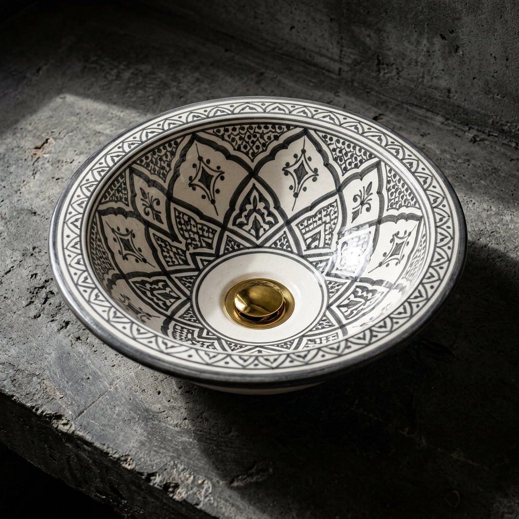 Charcoal Lotus Moroccan ceramic sink - geometric pattern view