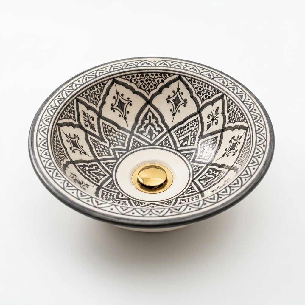 Charcoal Lotus Moroccan ceramic sink - close-up of brass drain detail