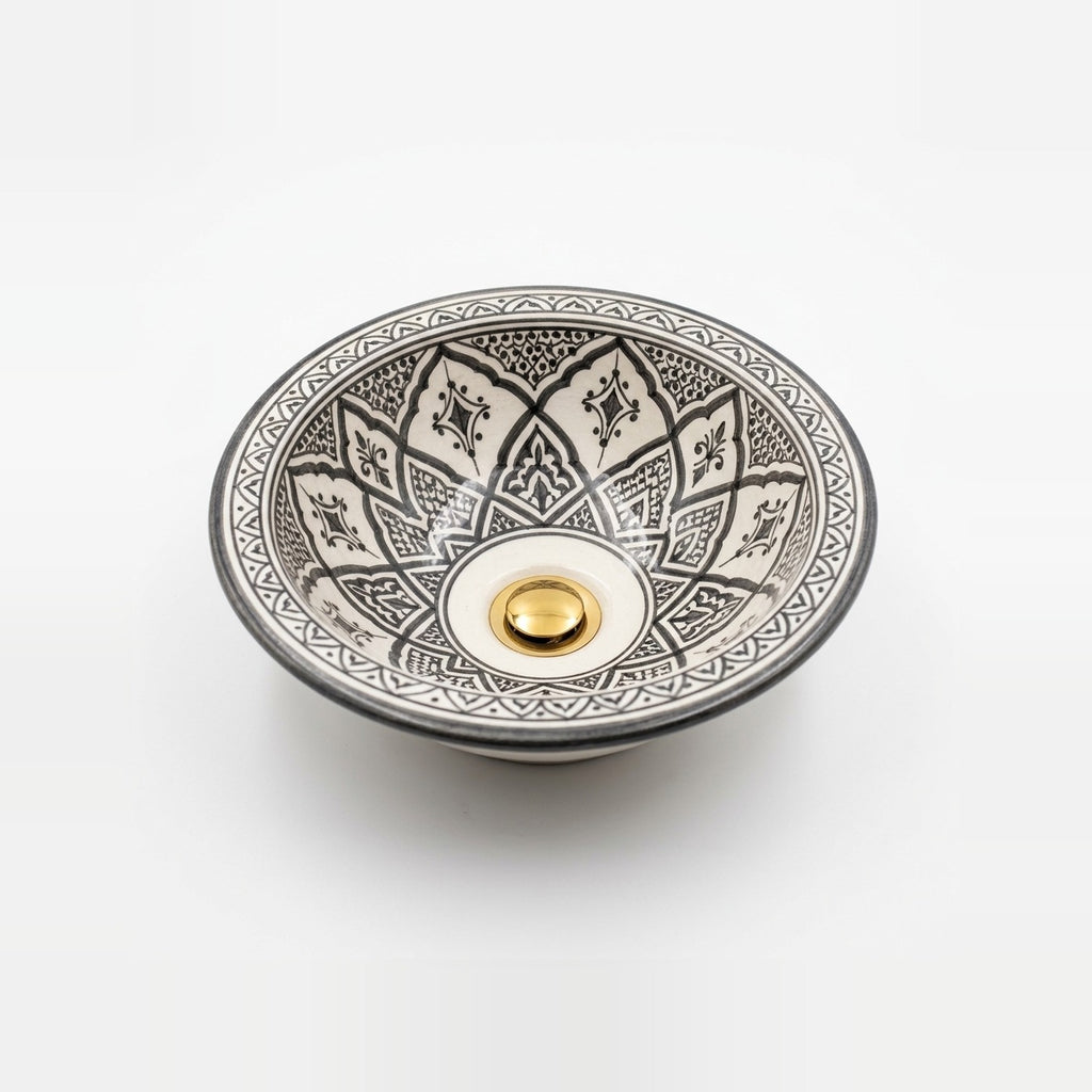 Charcoal Lotus Moroccan ceramic vessel sink - charcoal grey Fessi lotus petals on white with gold dome drain