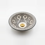 Charcoal Lotus Moroccan ceramic vessel sink - charcoal grey Fessi lotus petals on white with gold dome drain