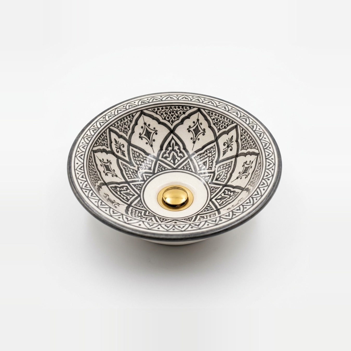 Charcoal Lotus Moroccan ceramic vessel sink - charcoal grey Fessi lotus petals on white with gold dome drain