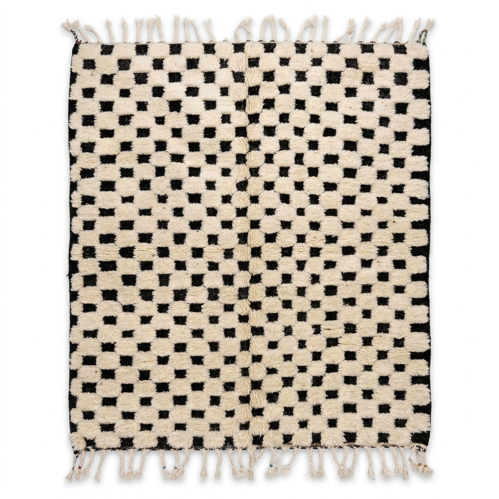 Checkerboard Beni Ourain rug, handwoven wool with an ivory and black checkerboard pattern, flat lay top view