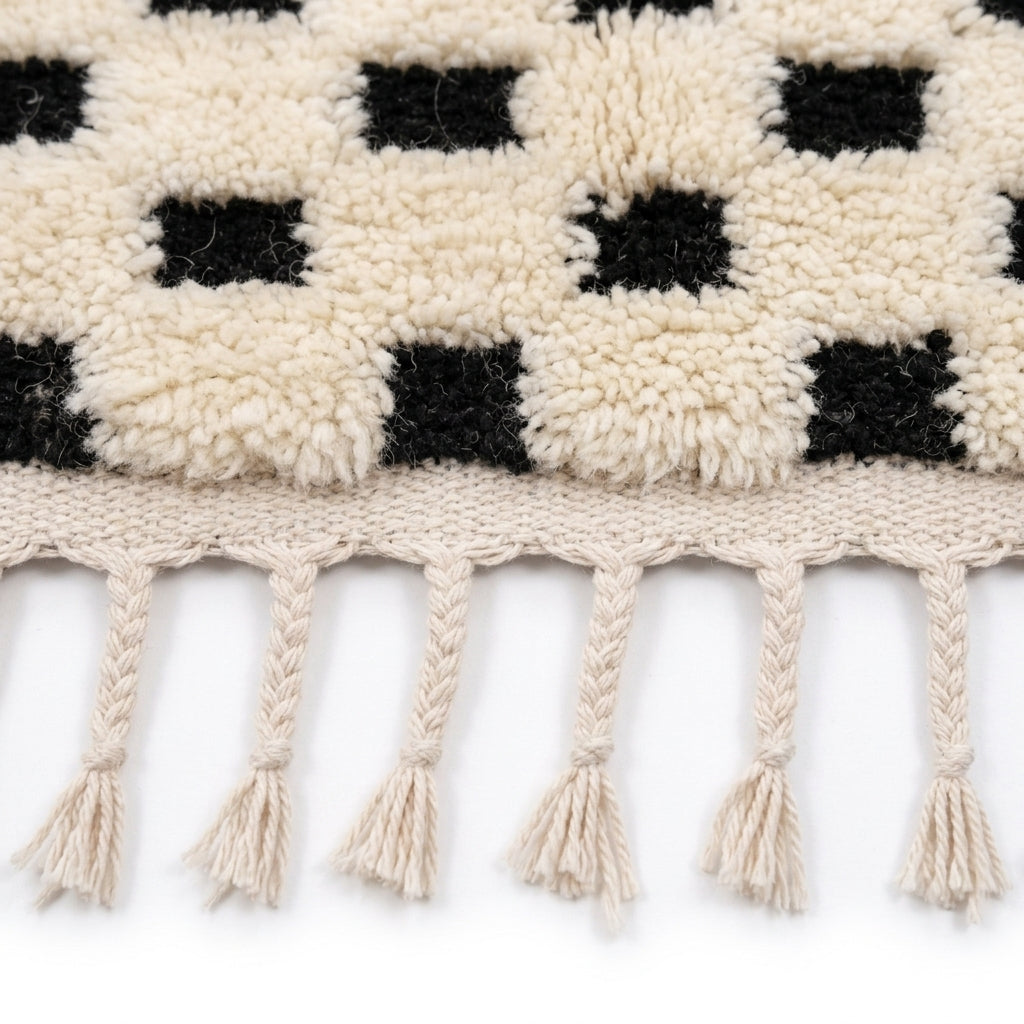 Checkerboard Beni Ourain rug — hand-knotted fringe detail close-up
