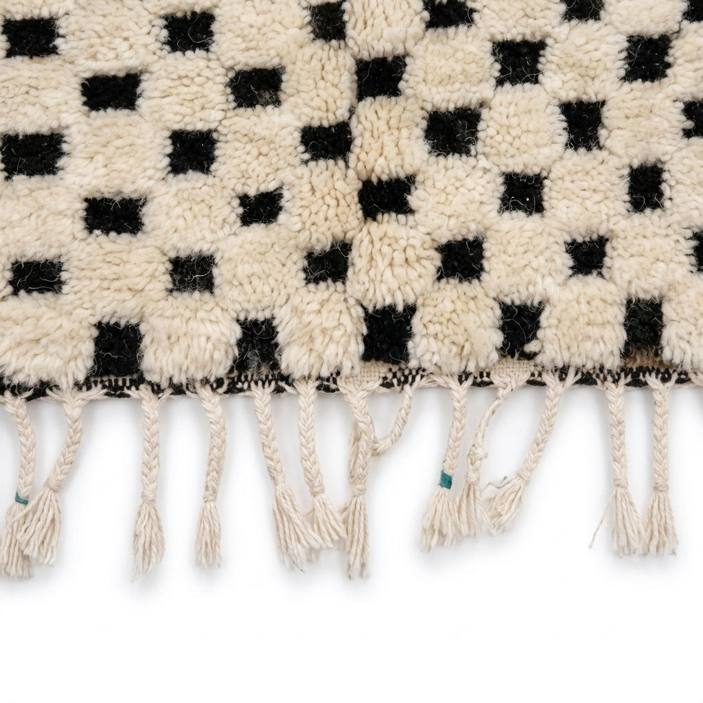 Checkerboard Beni Ourain rug — hand-knotted fringe detail close-up