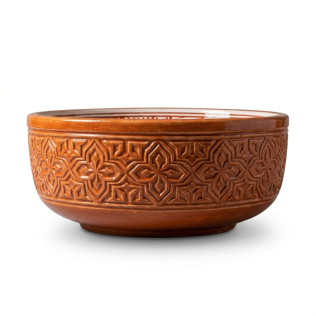 Cinnamon Carved Moroccan ceramic sink - front view of carved exterior
