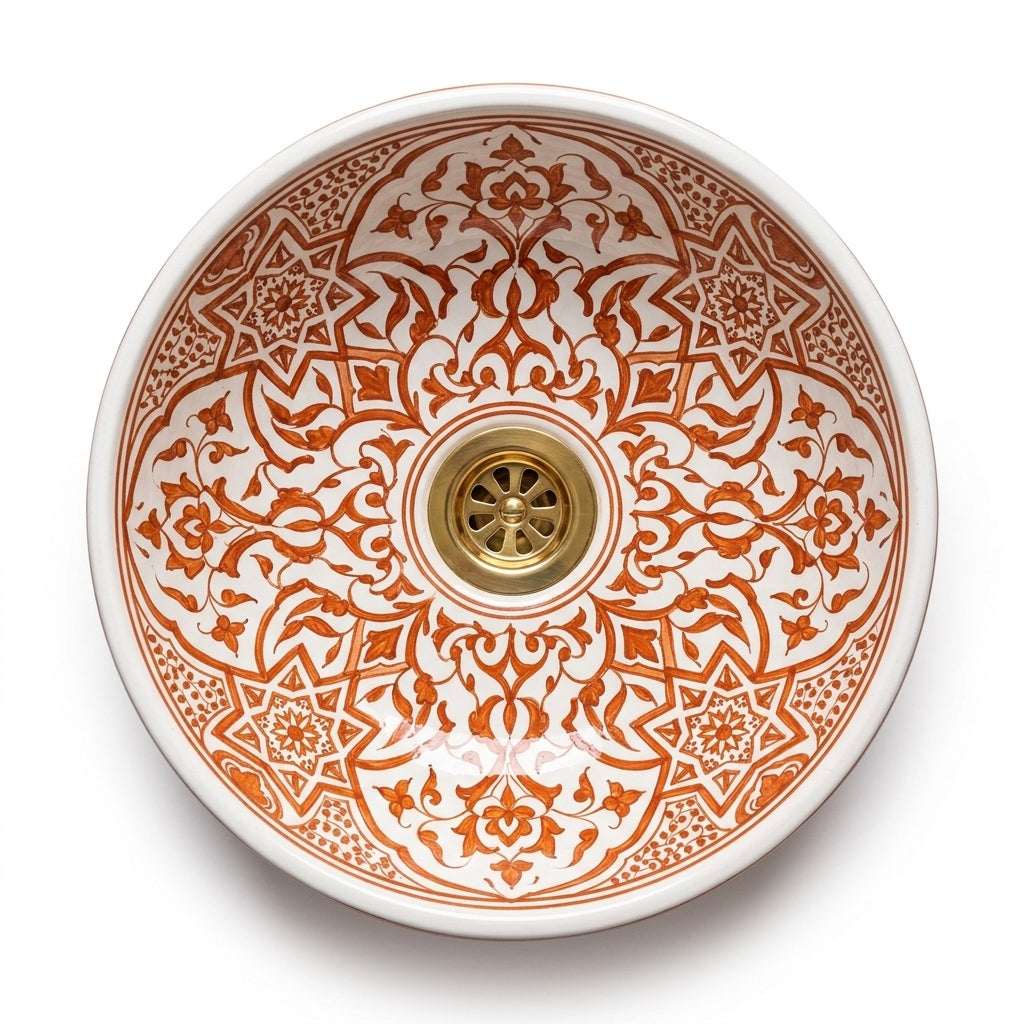 Cinnamon Carved Moroccan ceramic sink - top view of striped interior