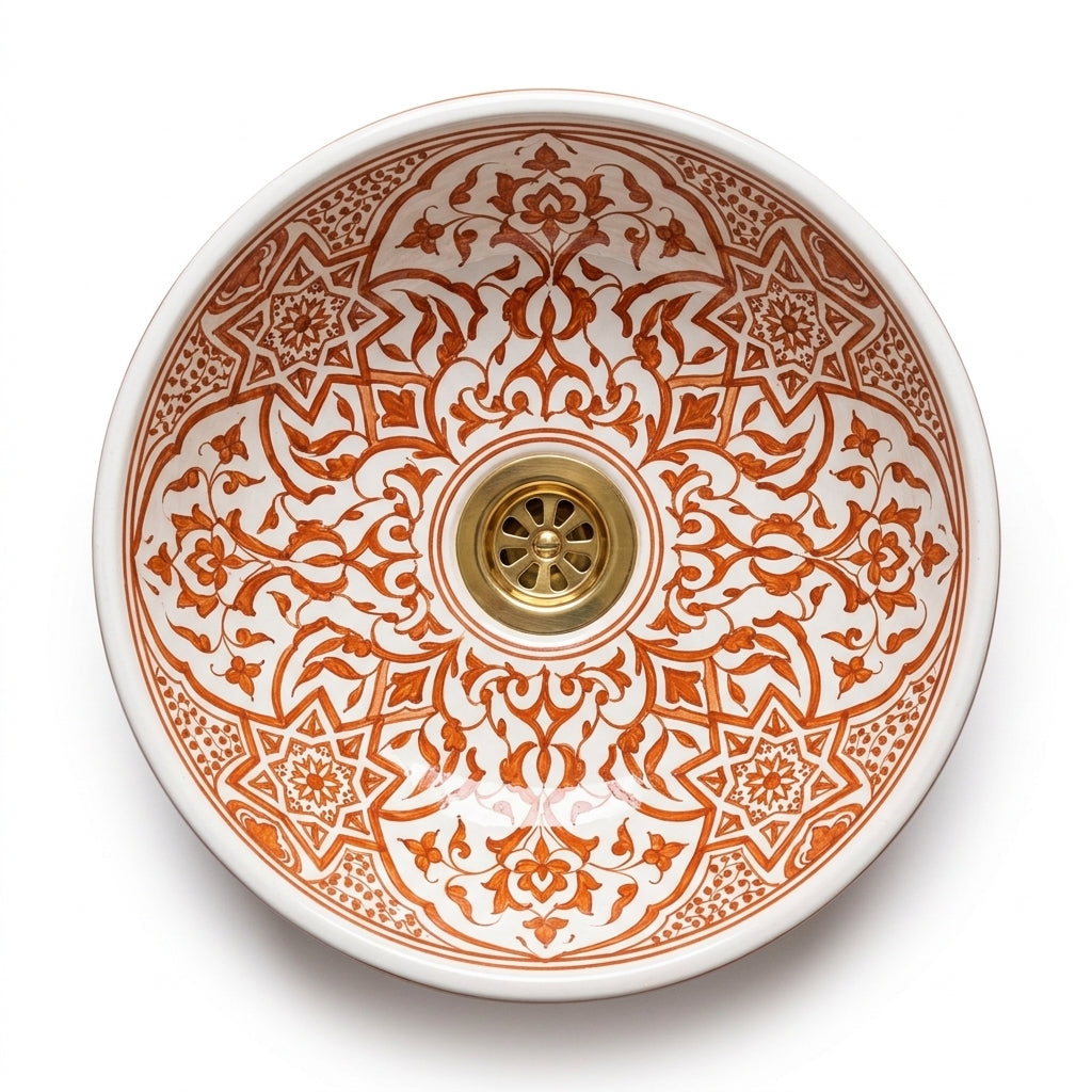 Cinnamon Carved Moroccan ceramic sink - top view of striped interior