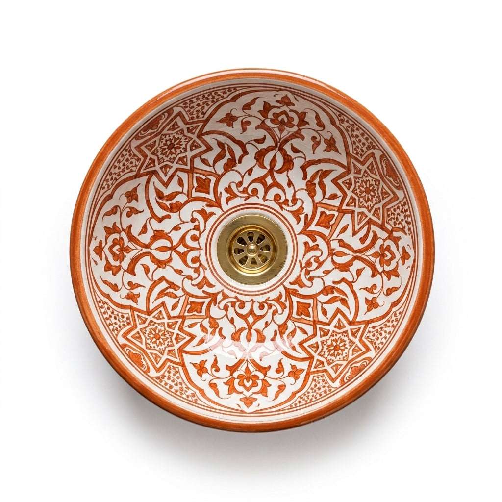 Cinnamon Carved Moroccan ceramic sink - detail of carved flowers