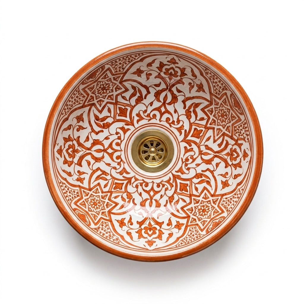 Cinnamon Carved Moroccan ceramic sink - detail of carved flowers