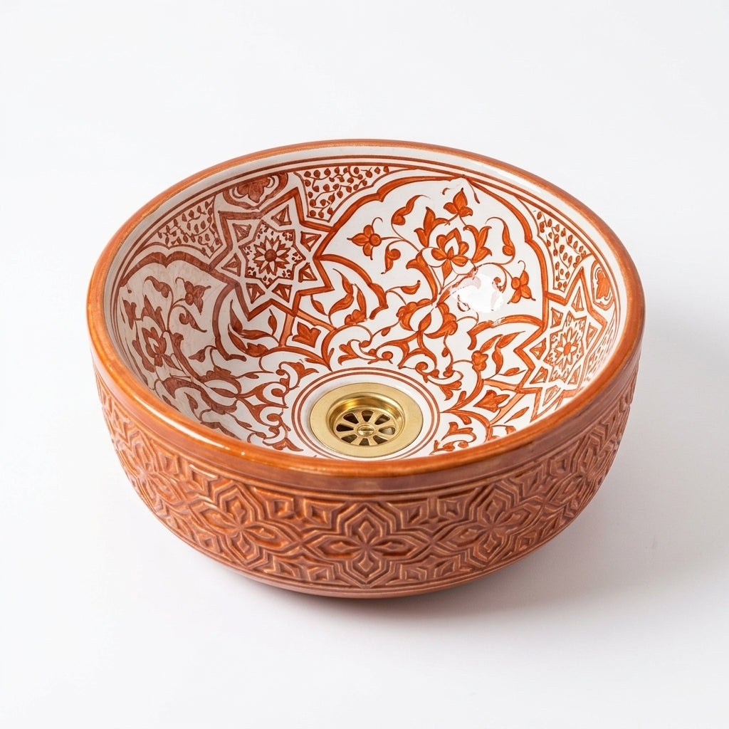 Cinnamon Carved Moroccan ceramic sink - side view