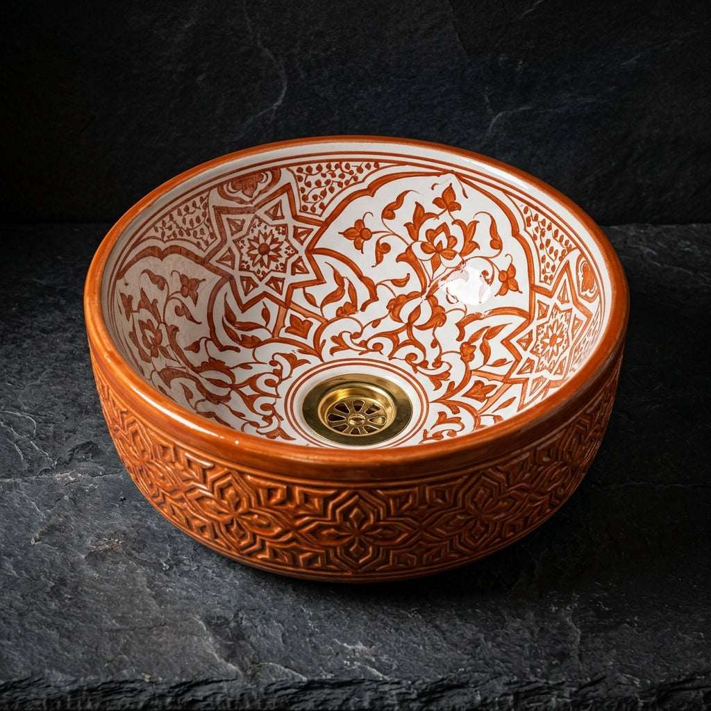 Cinnamon Carved Moroccan ceramic vessel sink - full view