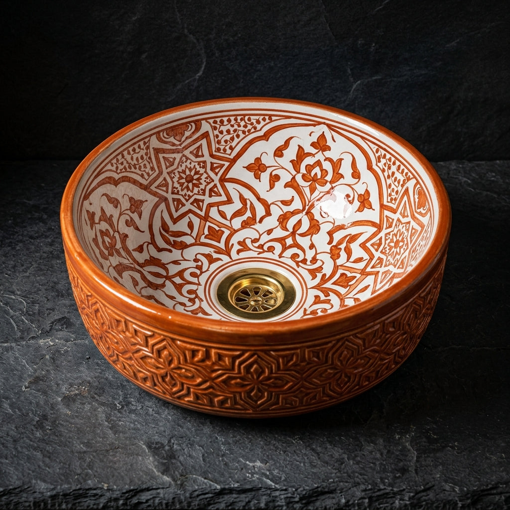 Cinnamon Carved Moroccan ceramic vessel sink - full view
